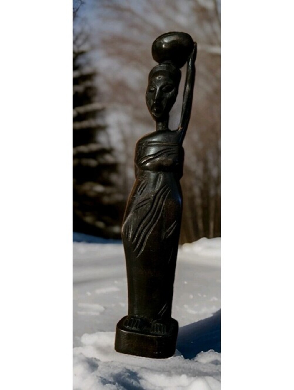 Ghana Ebony Handcrafted Wood Woman Figurine Statue With Pot On Head 14" TX2.5"W